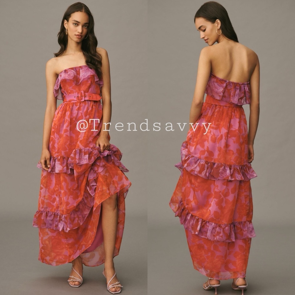 Anthropologie Strapless Tiered Ruffle Maxi Dress Pink Medium Nwt